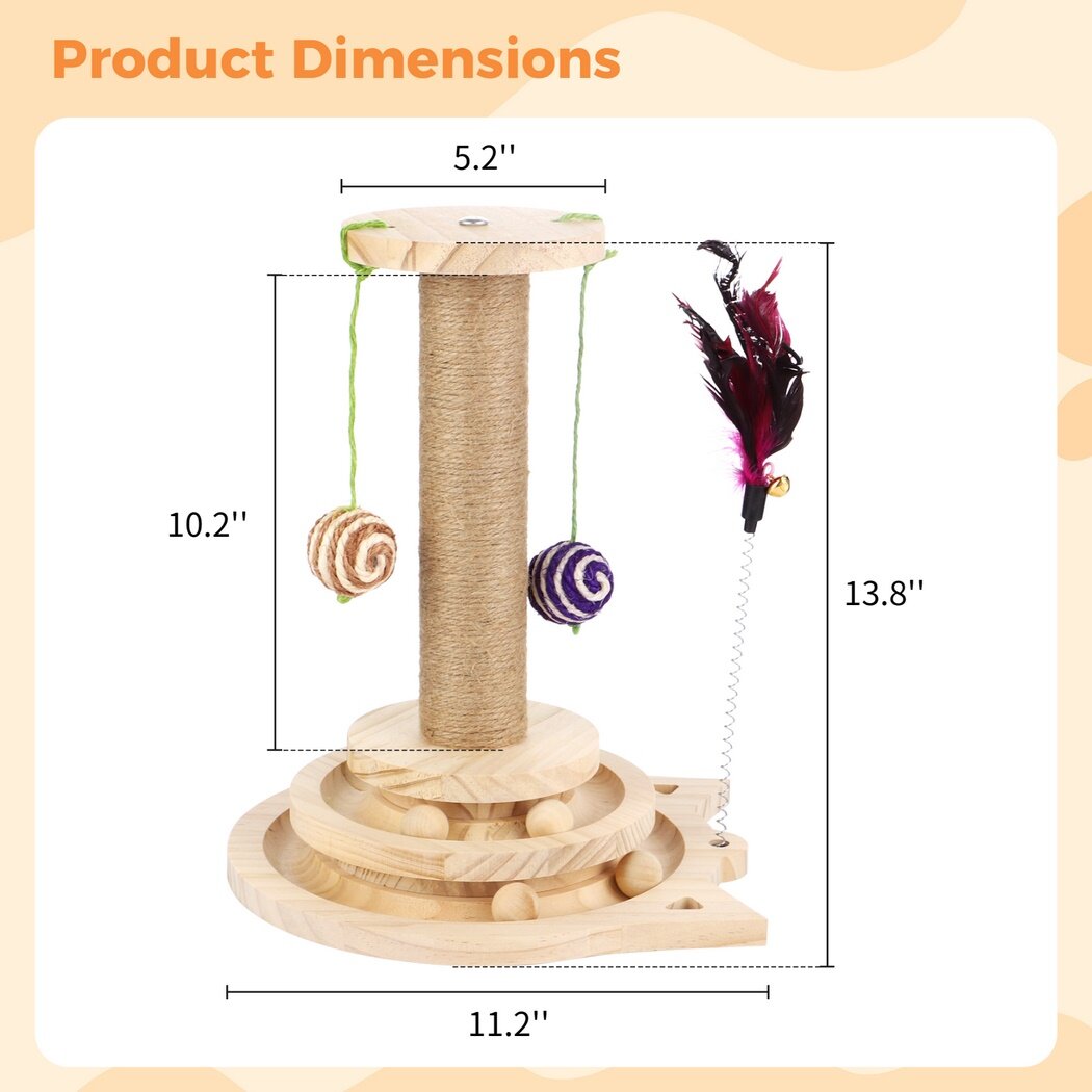 Sisal Scratcher Toy with Hanging Balls& 2-Tier Tracks, Wooden Cat Scratching Post, Interactive Cat Toy for Indoor Cats, Kittens