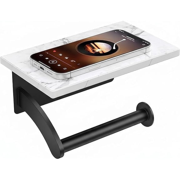 TVOFEK Toilet Paper Holder with Marble Shelf, Wall Mounted Tissue Roll Holder with Phone Storage, SUS304 Stainless Steel Bathroom Toilet Paper Dispenser for Bathroom, Washroom, Matte Black
