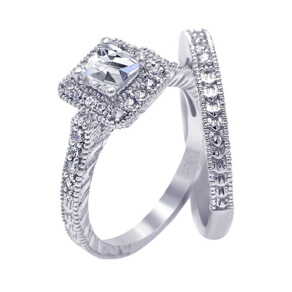 Sterling Silver 925 Rhodium Plated Clear Square Engagement Ring Set White CZ Female Size 7