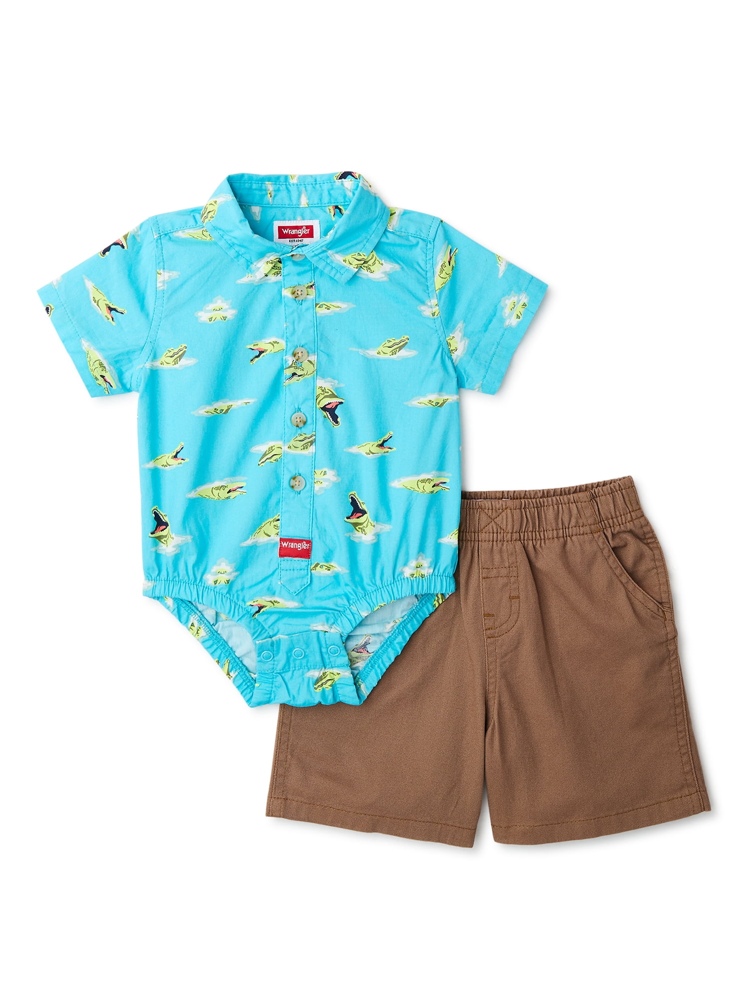 Wrangler Baby Boy Short Sleeve Woven Bodysuit with Woven Pants, 2-Piece Set, Sizes 0/3M-24M