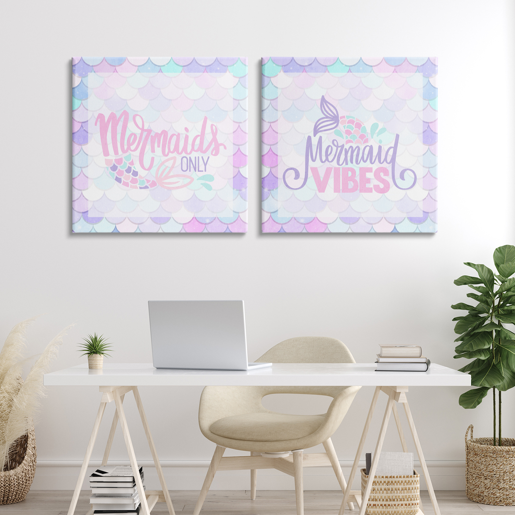 Dreamy Mermaid Phrases with Scales 2 Piece Canvas Wall Art Set, design by Kim Allen