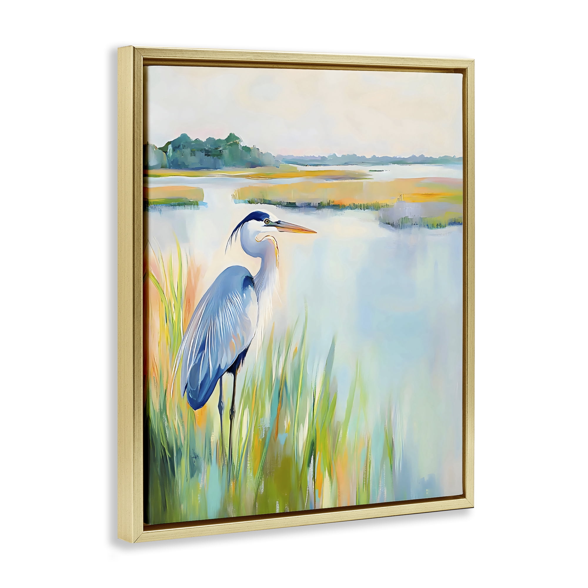 Stupell Industries Heron Perched in the Grass Gold Framed Floater Canvas Wall Art, design by Creative Studio