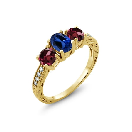 Gold Rhodolite Garnet Ring 2.32 Ct Blue Simulated Sapphire Red Rhodolite Garnet 18K Yellow Gold Plated Silver Ring ()