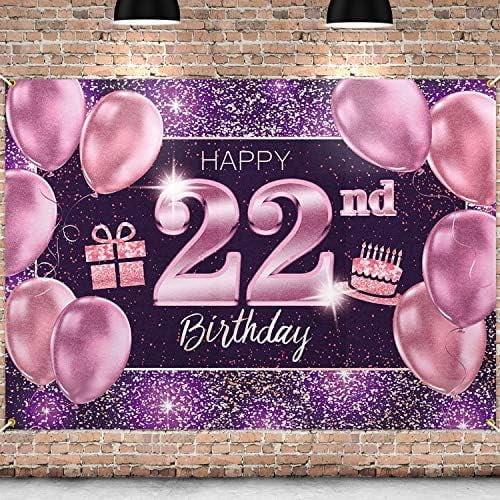 Happy 22nd Birthday Banner Backdrop - 22 Birthday Party Decorations Supplies for Women Her - Pink Purple Gold 4 x 6ft