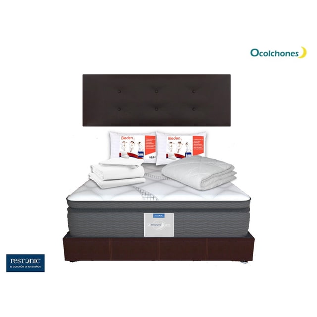 Colchón Matrimonial Restonic con Cabecera Box Matrimonial Sábanas Protector 2 Almohadas Línea Bleden