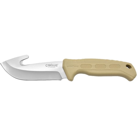 Camillus Roto Fixed Blade Knife 4 Drop Point with Gut Hook 420 Satin Blade TPR Overmold Handle Tan
