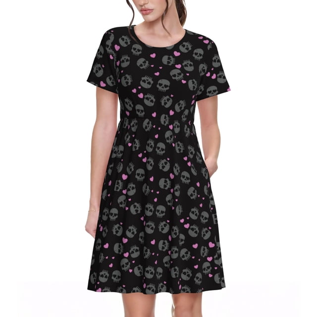 Easygdp Cool Skull Love para Vestido Transpirable de Mujer, Vestido Suelto de Manga Corta con Pliegues y Bolsillos para el Verano