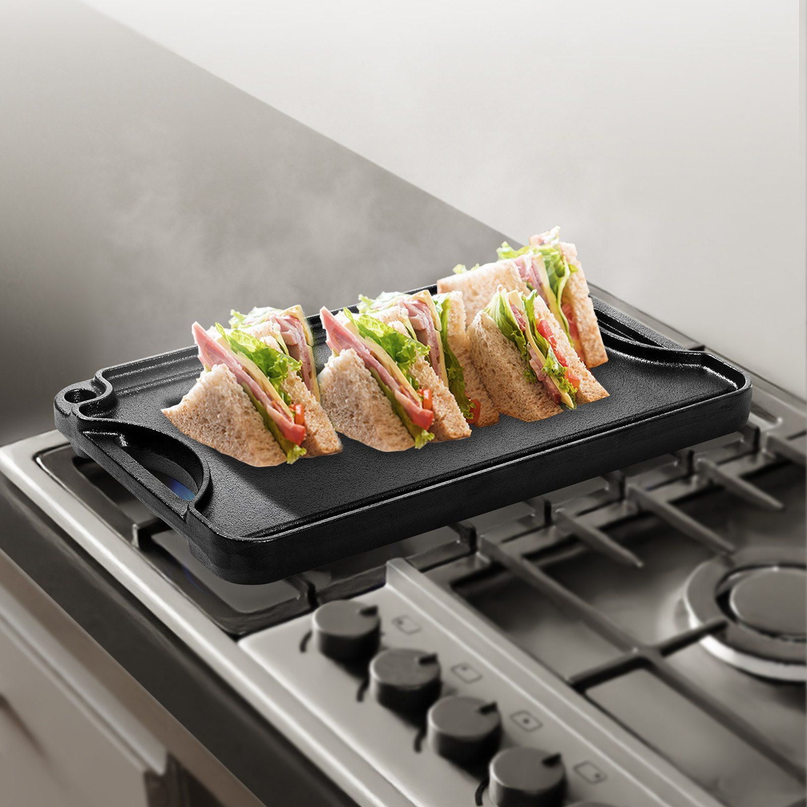 14x8.5 Inch Reversible Grill Griddle Cast Iron Pre-Seasoned BBQ Pan with Flat and Ridged Sides, Dual Handles, Non-Stick Surface, Oven Safe up to 500°F for Stovetop, Indoor and Outdoor Cooking