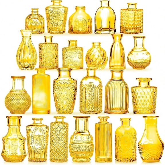 Light Yellow Glass Bud Vases Set 24 Pcs Vintage Small Vases for Flowers Crystal Mini Glasses in Bulk Small Flowe for Centerpieces Wedding Decorations Home Flower Party Decor