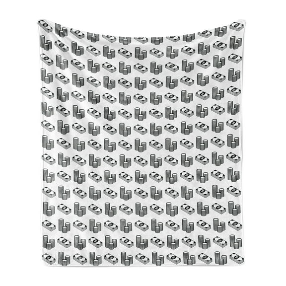 Money Soft Flannel Fleece Blanket, Monochrome Stacked Coins and Dollar Bills Simple Doodle Style Economy Themed Pattern, Cozy Plush for Indoor and Outdoor Use, 70" x 90", Black White, by Ambesonne