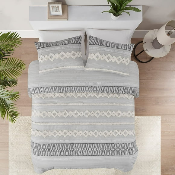 Ensembles de Literie Couette Boho Très Grand, Ensemble de Couette Style Ferme Gris et Crème, Literie Mi-Siècle Moderne, Dessus en Coton, 3 Pcs Incluant des Taies d'Oreiller Assorties (104x90 Pouces)