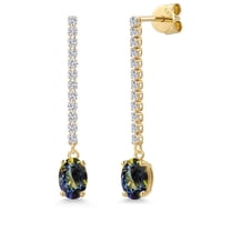 Gem Stone King 14K Yellow Gold Blue Mystic Topaz and Lab Grown Diamond Dangle Earrings for Women | 2.26 Cttw | Gemstone November Birthstone | Oval 7X5MM