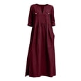 thumbnail image 3 of QIYAGBSA Summer Dresses for Women Cotton Linen 3/4 Sleeve Relaxed Fit Midi Dress with Pockets and Side Slits Casual Vacation (Wine, XL), 3 of 6