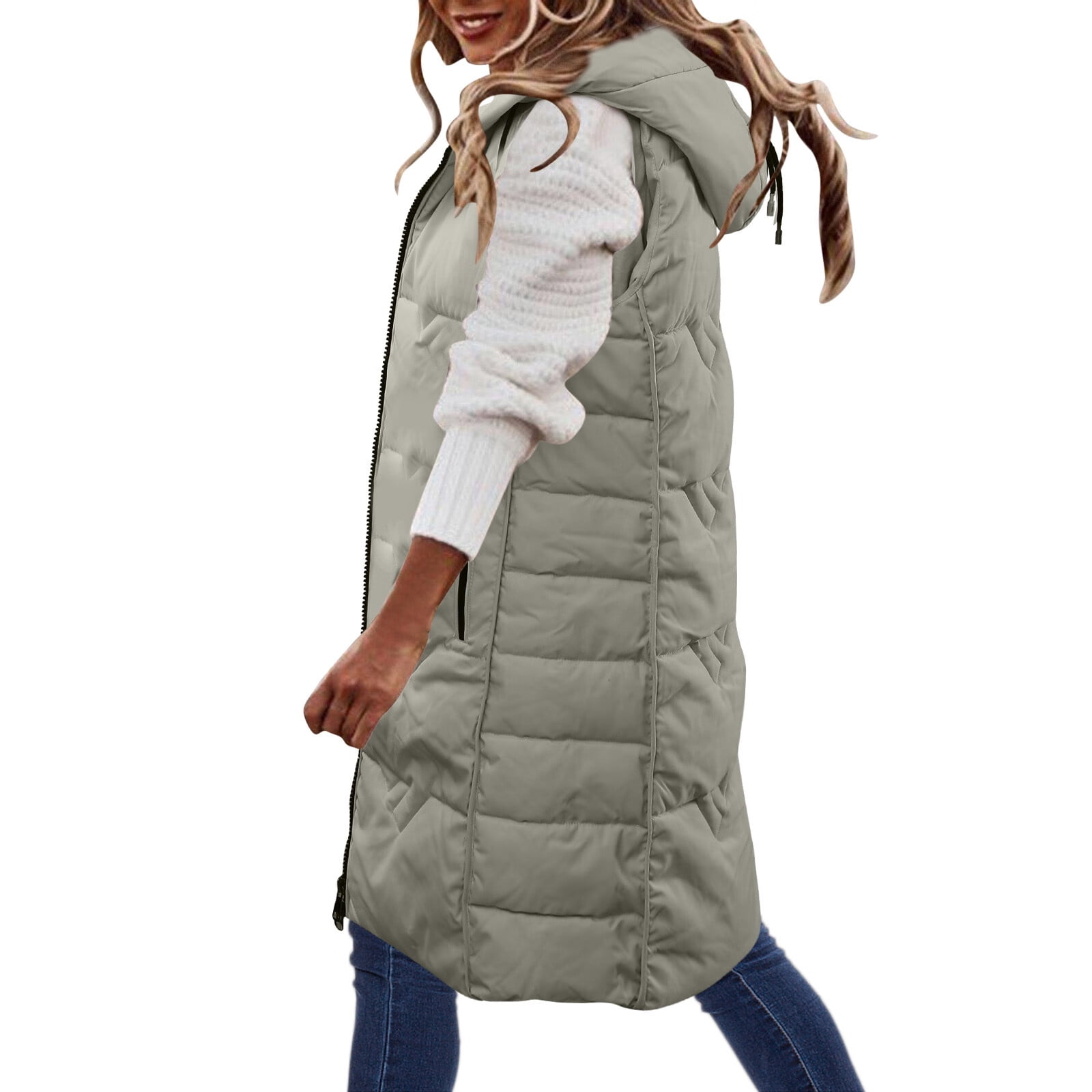 Womens Sleeveless Long Quilted Vest Hooded Button Down Puff Vest Cotton ...