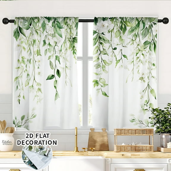 Eucalyptus Botanical Leaves Floral Kitchen Window Curtains Over Sink Boho Farmhouse Flower Leaf Small Window Treatment Sage Green Cafe Short Curtains for Bathroom Tier Drapes, 2 Panels