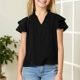 thumbnail image 2 of Taqqpue Girls Ruffle Short Sleeve T Shirts Kids V Neck Casual Shirts Pleated Flowy Solid Color Loose Fit Blouse Cute Fashion Tees Tops 5-14 Years, 2 of 9