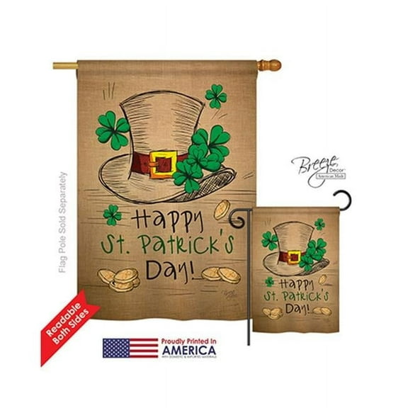 Breeze Decor 02031 St Pats Hat Burlap 2-Sided Vertical Impression House Flag - 28 x 40 in.
