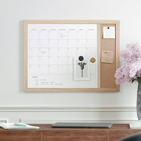 Martha Stewart - Everette Dry Erase Magnetic Monthly Calendar/Cork Board-24x18 - Light Natural Woodgrain