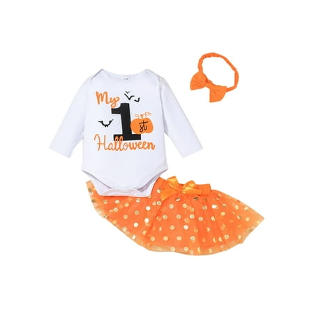 

Sunisery 3PCS Newborn Infant Kids Baby Girls Halloween Printed Romper Yarn Skirt and Headdress Set White 3-6 Months