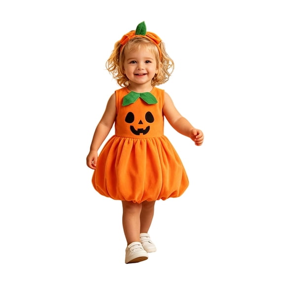 Toddler Girls Pumpkin Sleeveless Bubble Dress, Jack-o'-Lantern Face Outfit With Matching Leaf Headband Soft Halloween for Party Cosplay Photo Wear(Orange,5-6 Years)