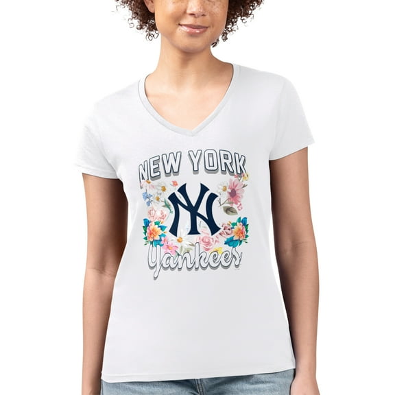Women's G-III 4Her by Carl Banks White New York Yankees Super-Slim Fit Lightweight Flowers Graphic V-Neck T-Shirt