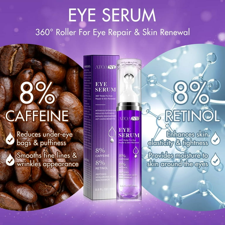 Atoany 2-Pack Eye Serum 8% Caffeine Retinol with Stainless Roller