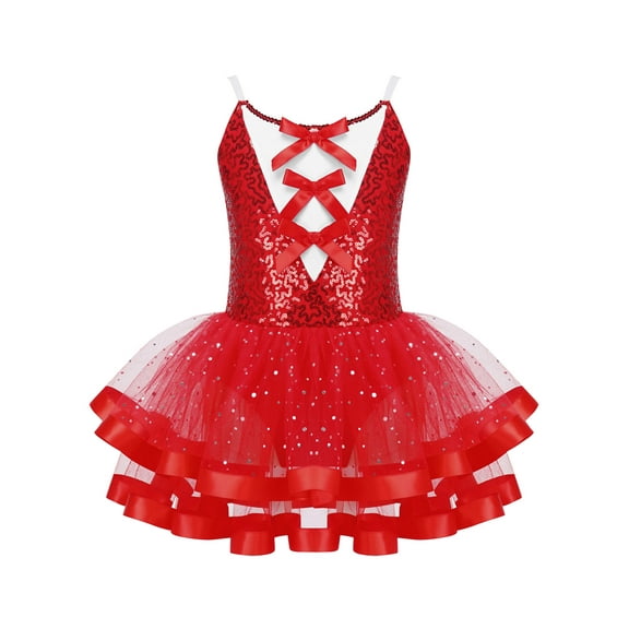 vastwit Girls Princess Dress Ballet Dance Leotard Sequins Ruffle Tutu Skirt Ballerina Christmas Costume Red 6