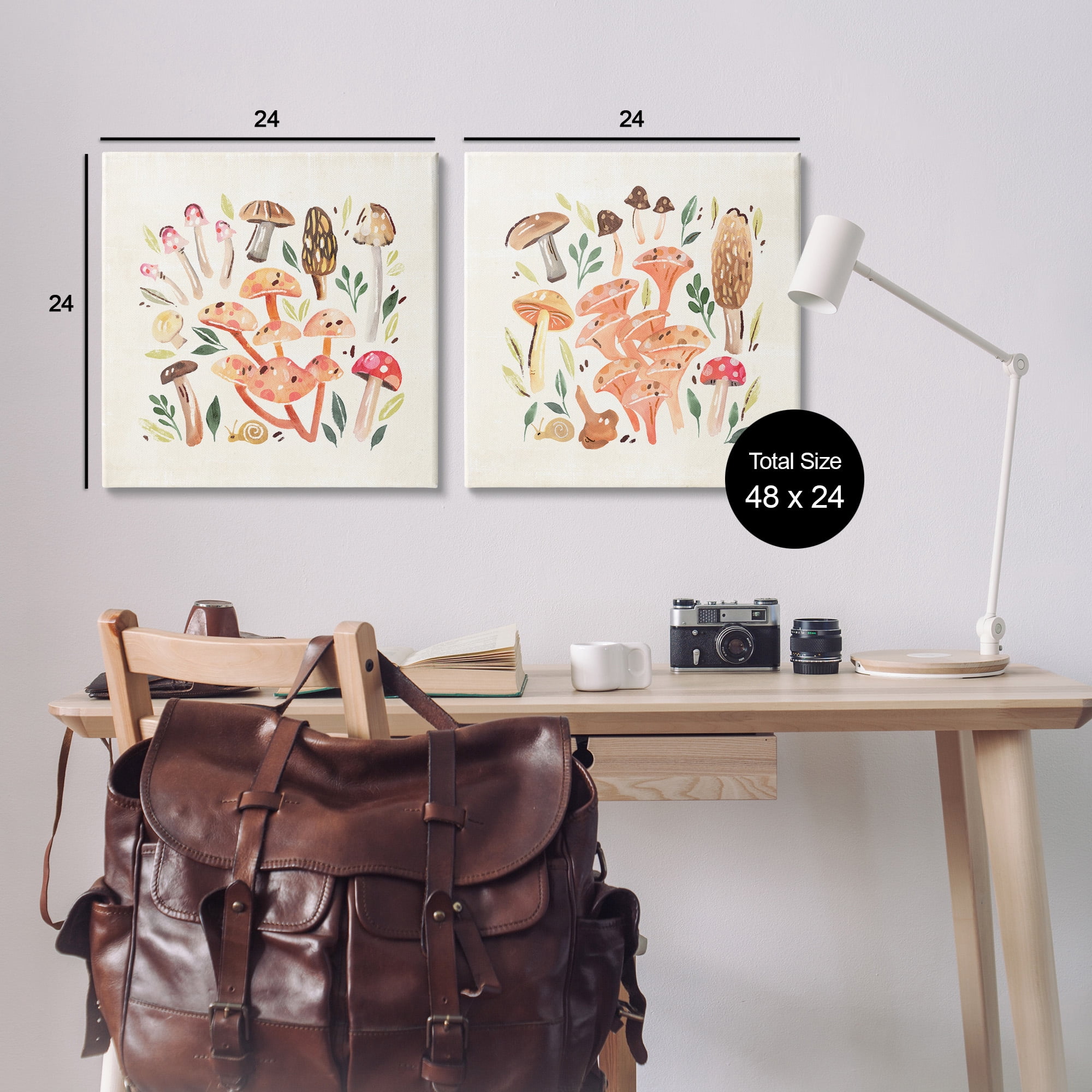 Stupell Industries Mushroom & Leaves Pattern Botanical & Floral Painting Gallery Wrapped Canvas Art Print Wall Art, 24 x 24, Set of 2