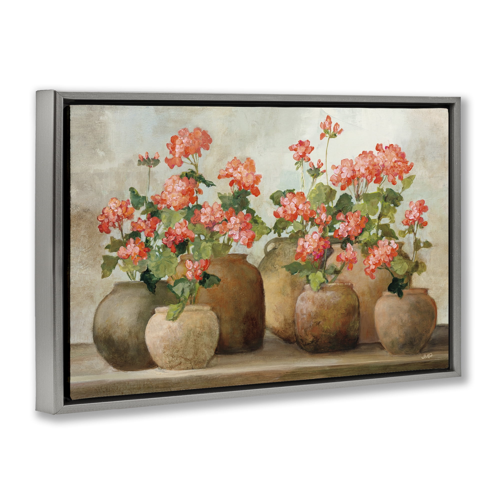 Stupell Industries Pink Cottage Geraniums Botanical & Floral Painting Gray Floater Framed Art Print Wall Art, 31 x 21
