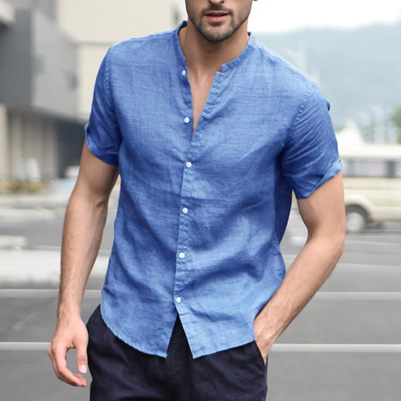 INCERUN Mens Collarless Short Sleeve 
