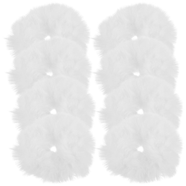 White Furry Hair Scrunchies Elastic Ponytail Holders for Women Artificial Hair Accessories Bulk Pack of 10