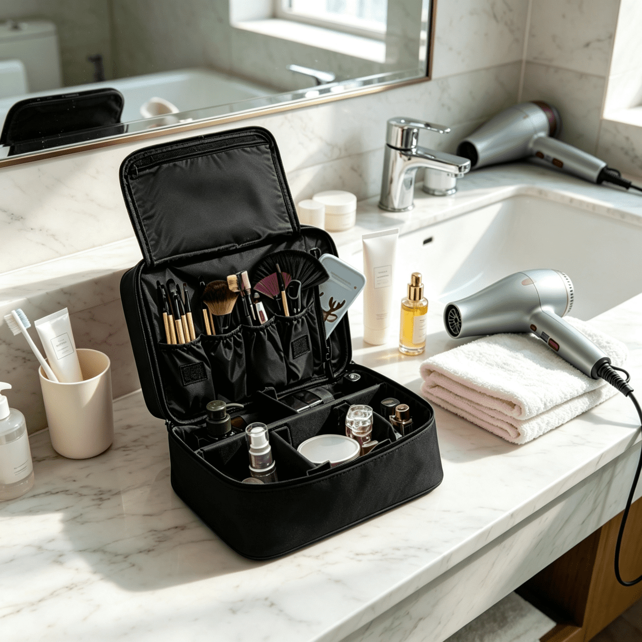 Makeup Bag Case Portable Handle Storage Organizer Travel Bag Wash Bag, Black