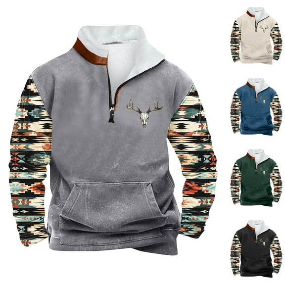 DODADAWANJ Men's Graphic Hoodie Ethnic Printed Stand Collar Pullover Big and Tall Quarter Zip Casual Hoodies for Daily Winter Workout M