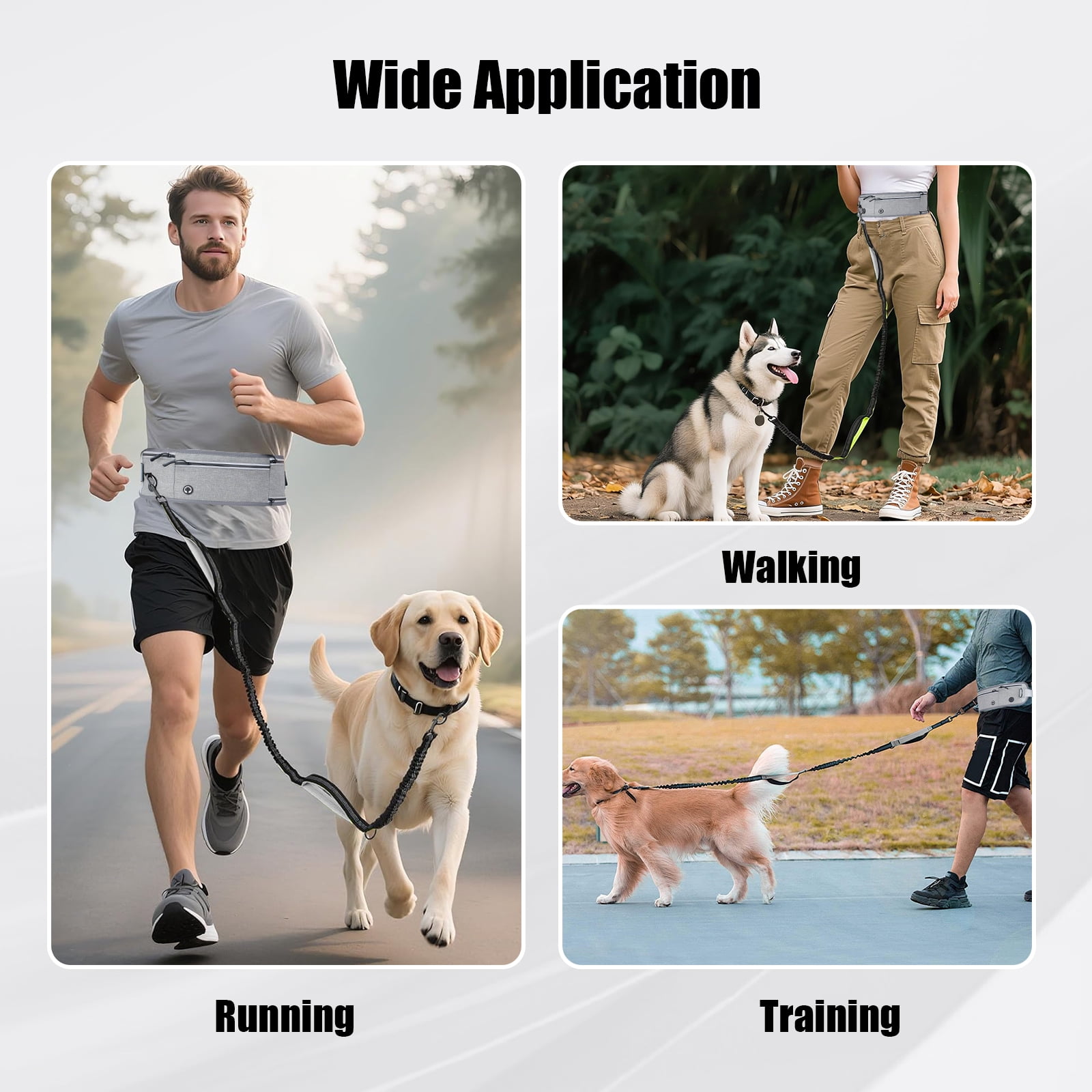 Hands Free Dog Leash with Waist Belt & Storage - Bungee Shock Absorber for All Size Dogs