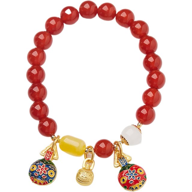 Pulsera de cornalina oriental hecha a mano para mujer, estilo retro literario, Mediano, Rojo -