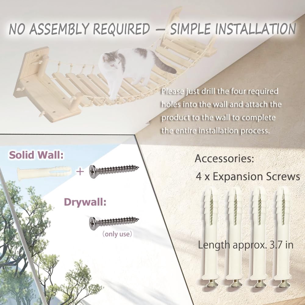 Wall Shelves Climbing Bridge for Indoor Cats, 55 Inch Wooden Perch with Sisal Rope, Space Saving Wall Mounted Furniture