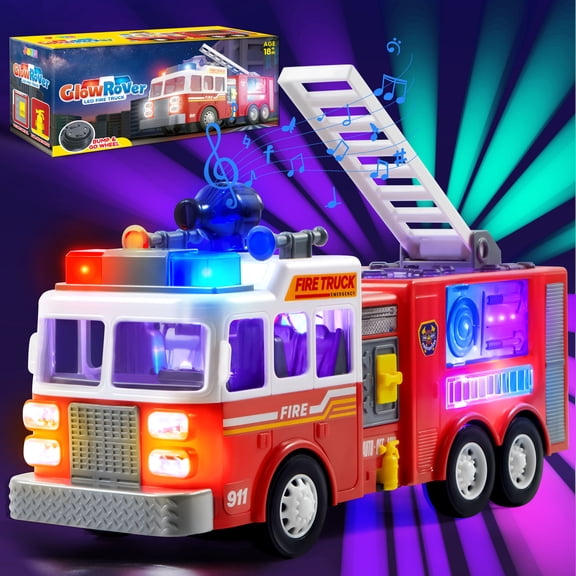 Joyfy LED Fire Truck Toy for kids, Bump and Go Fire Engine Trucks with LED Projections & Sirens, Educational Crawling Toy for Toddler, Great Christmas Birthday Gift for Boys Girls