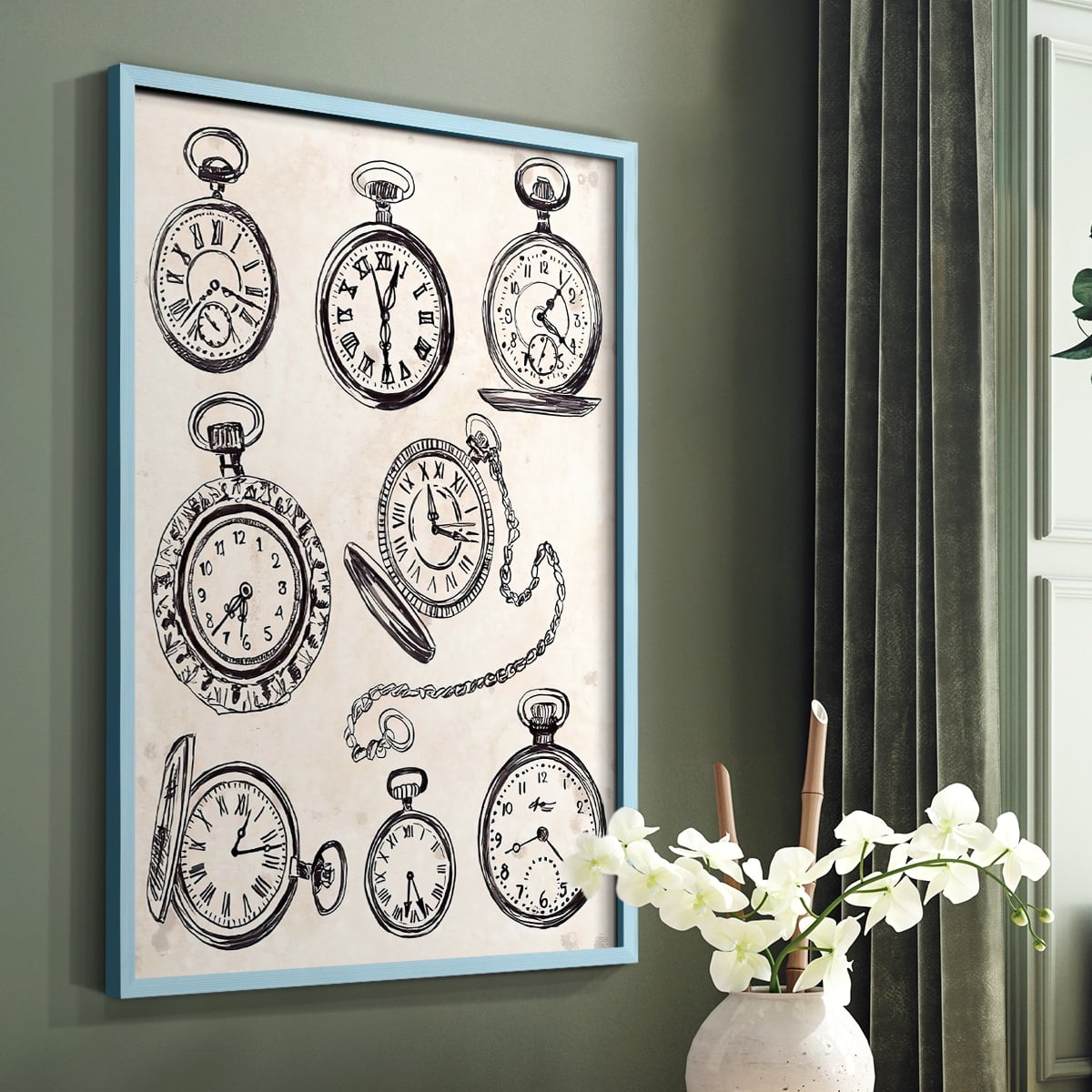 Pocket Watch Sketches I in Blue Solid Wood 11 x 14 Framed Print