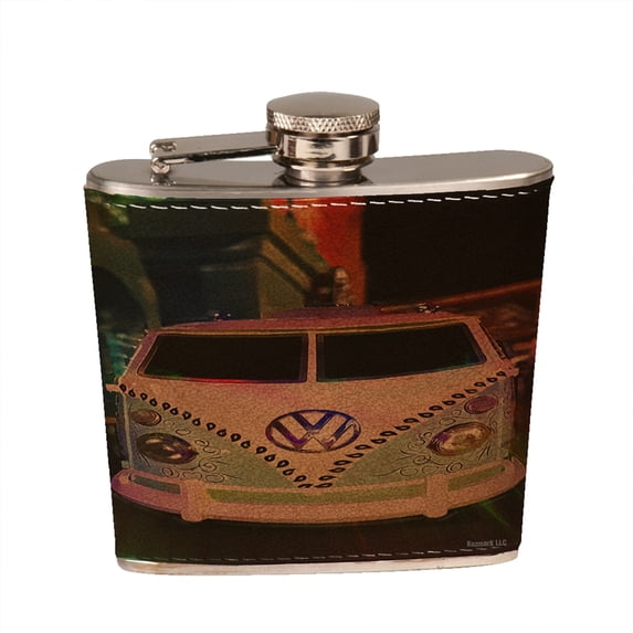 KuzmarK 6 oz. Leather Pocket Hip Liquor Flask - Volkswagon Van Art