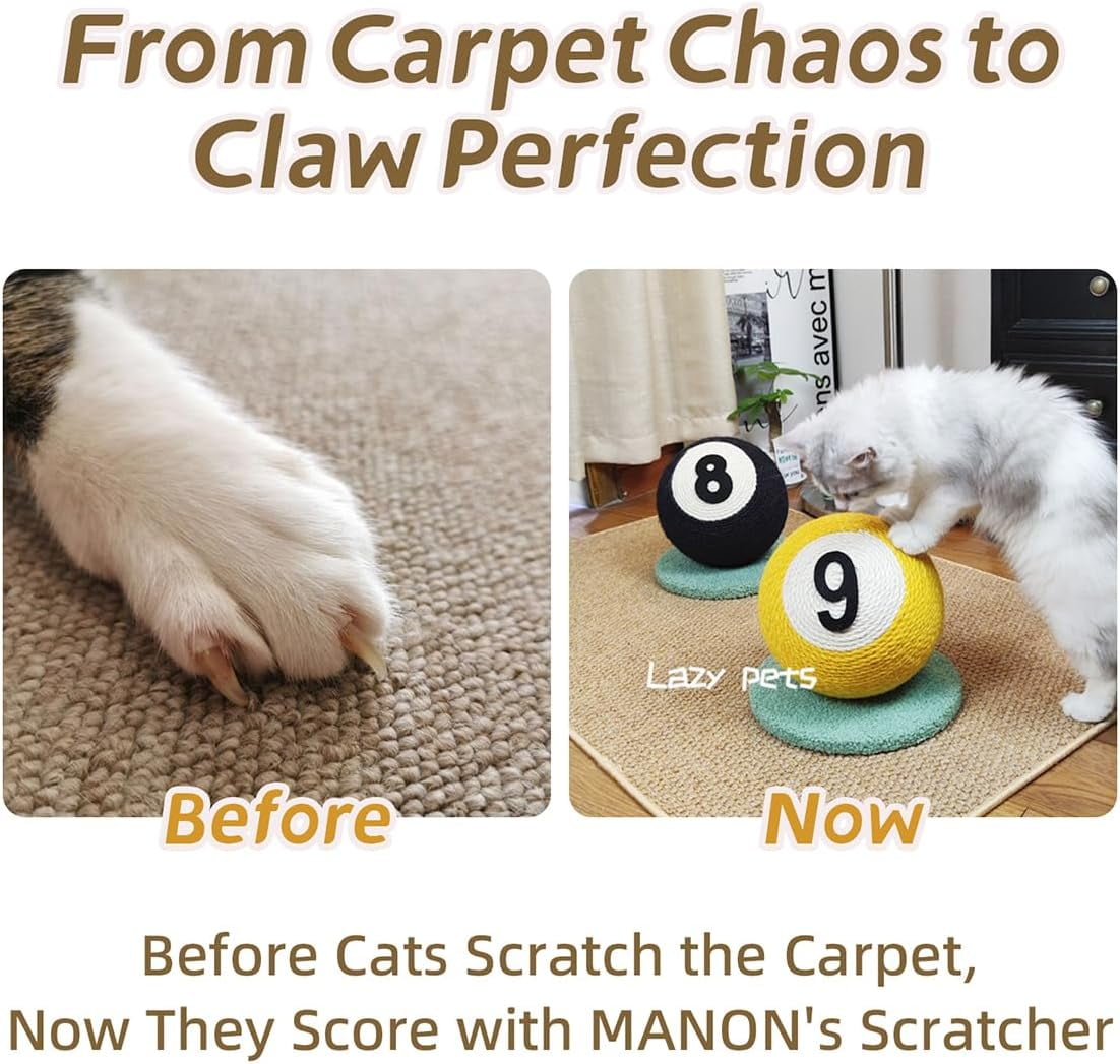 ShadeMart 8-Ball Billiard Style Cat Scratcher, Premium Natural Sisal Chew Toy for Cats & Kittens