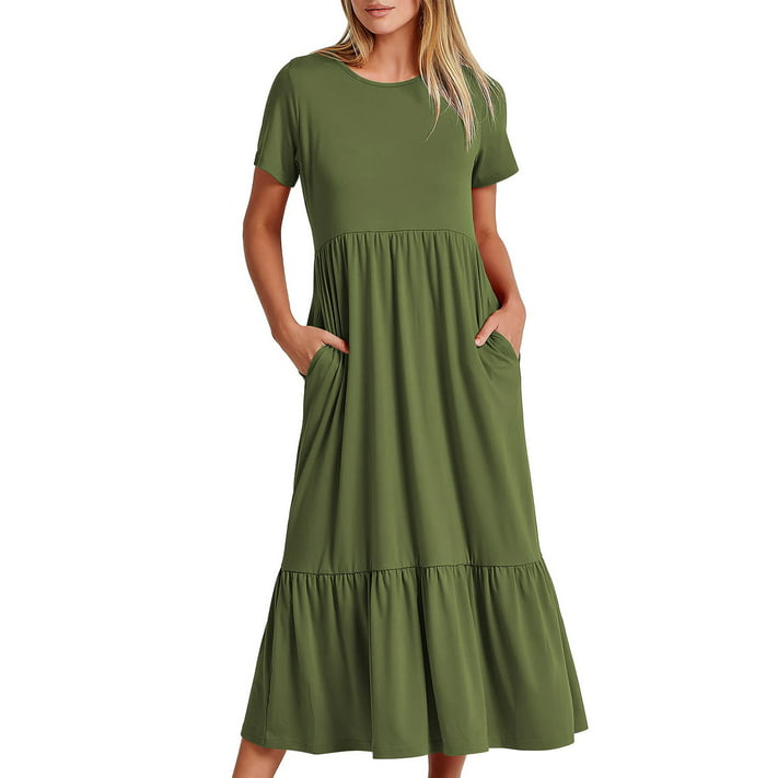 Summer Casual Maxi Dress for Women Solid Round Neck Short Sleeve Casual ...