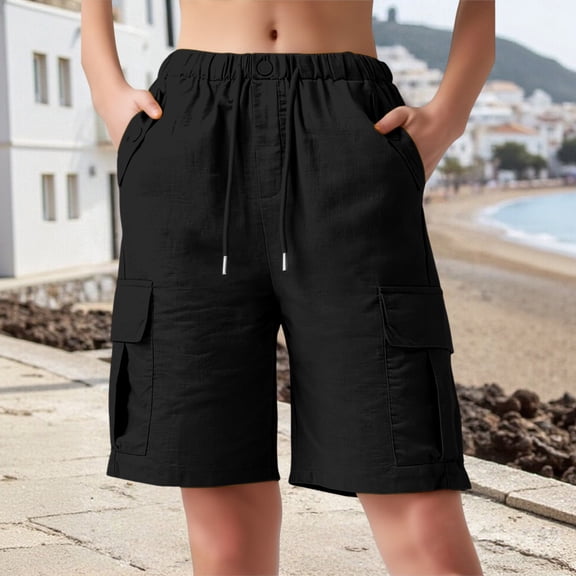 Women's Bermuda Cargo Shorts, Drawstring Elastic Waist Multiple Pocket Casual Shorts, Cotton Linen Loose Fit Mid-Thigh Shorts for Summer, Casual Workwear and Vacation Outfits Black L