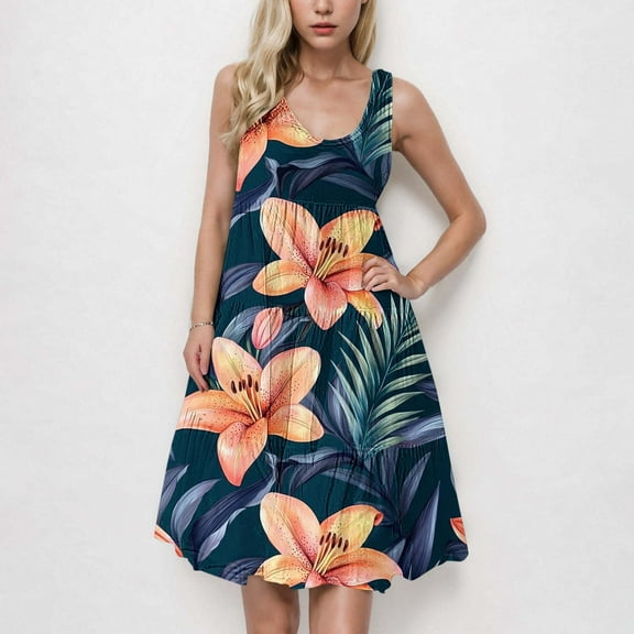 Wuchoa Women Summer Floral Print Sleeveless Wedding Guest Dress Casual Loose Tank Dress Aline Midi Sundresses Casual Round Neck Cute White Vestidos de Verano para Mujer