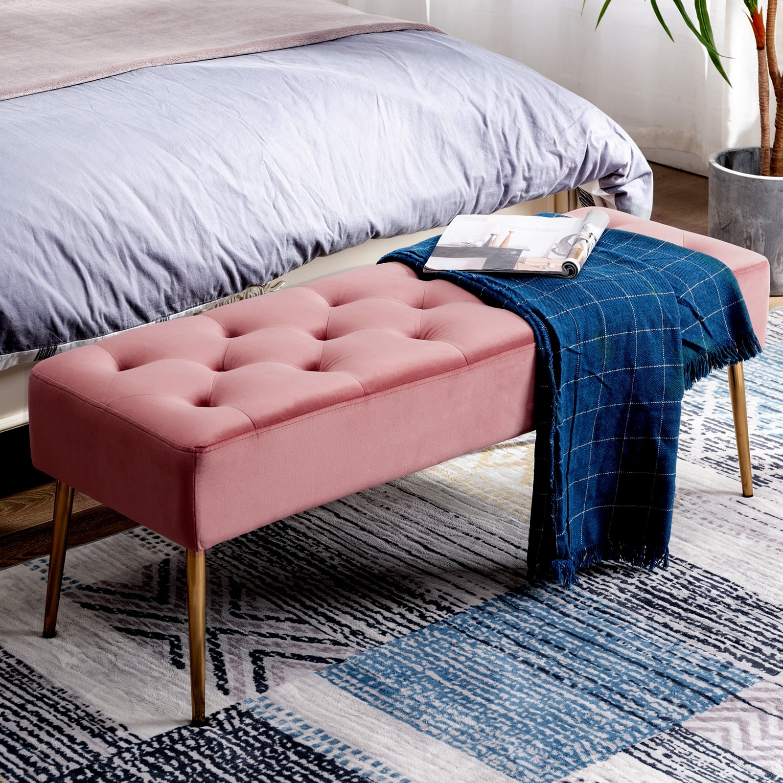 Duhome Modern Velvet Ottoman Bench Pink Upholstered Bedroom Benches Button-Tufted Footrest Stool Indoor Bench with Gold Metal Base for Entryway Dining Room Living Room Bedroom