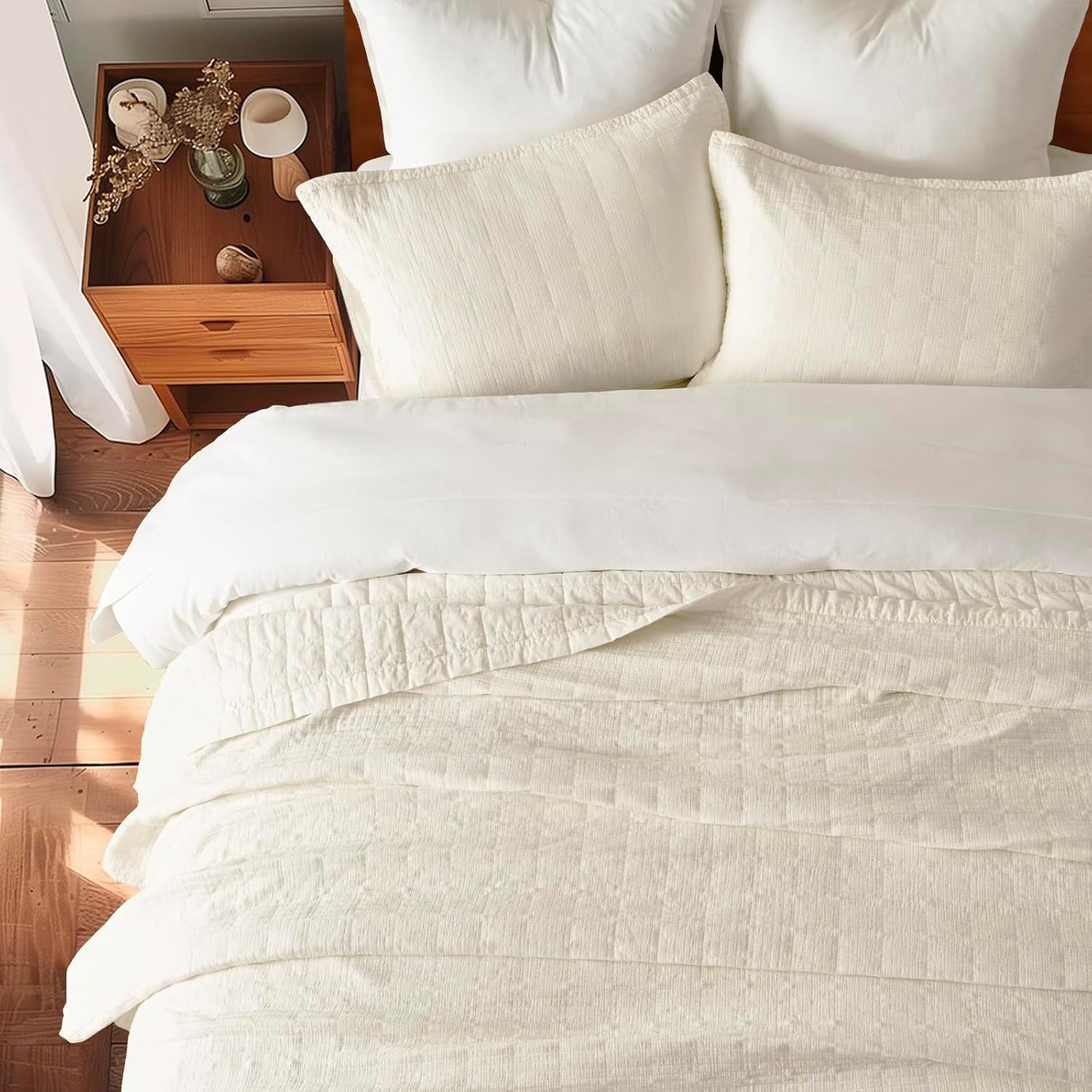 EVERGRACE Stonewashed Cotton Quilt Set King Size, Ultra Soft Oversized Bedspread Coverlet Set, Lightweight Crinkle Box Stitch Bedding Sets for All Season, with 2 Shams, Ivory White