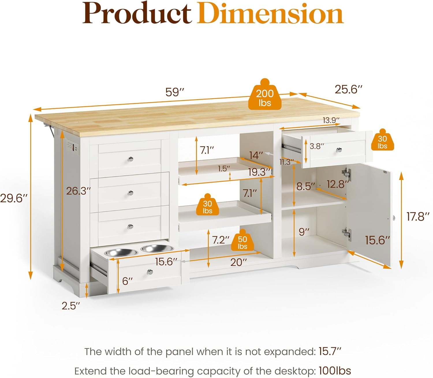 May in Color Oak Kitchen Island with Storage and Drop-Leaf