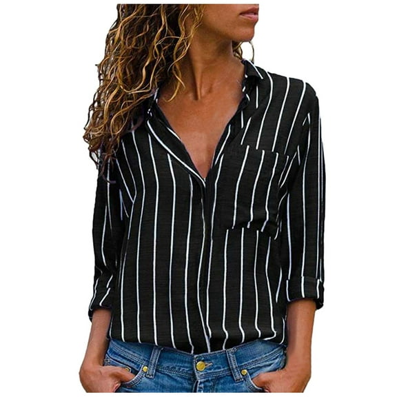 Ichuanyi Womens Tops, Summer Clothes Women Casual Striped Printing Long Sleeve Shirt Blouse Button Down Tops