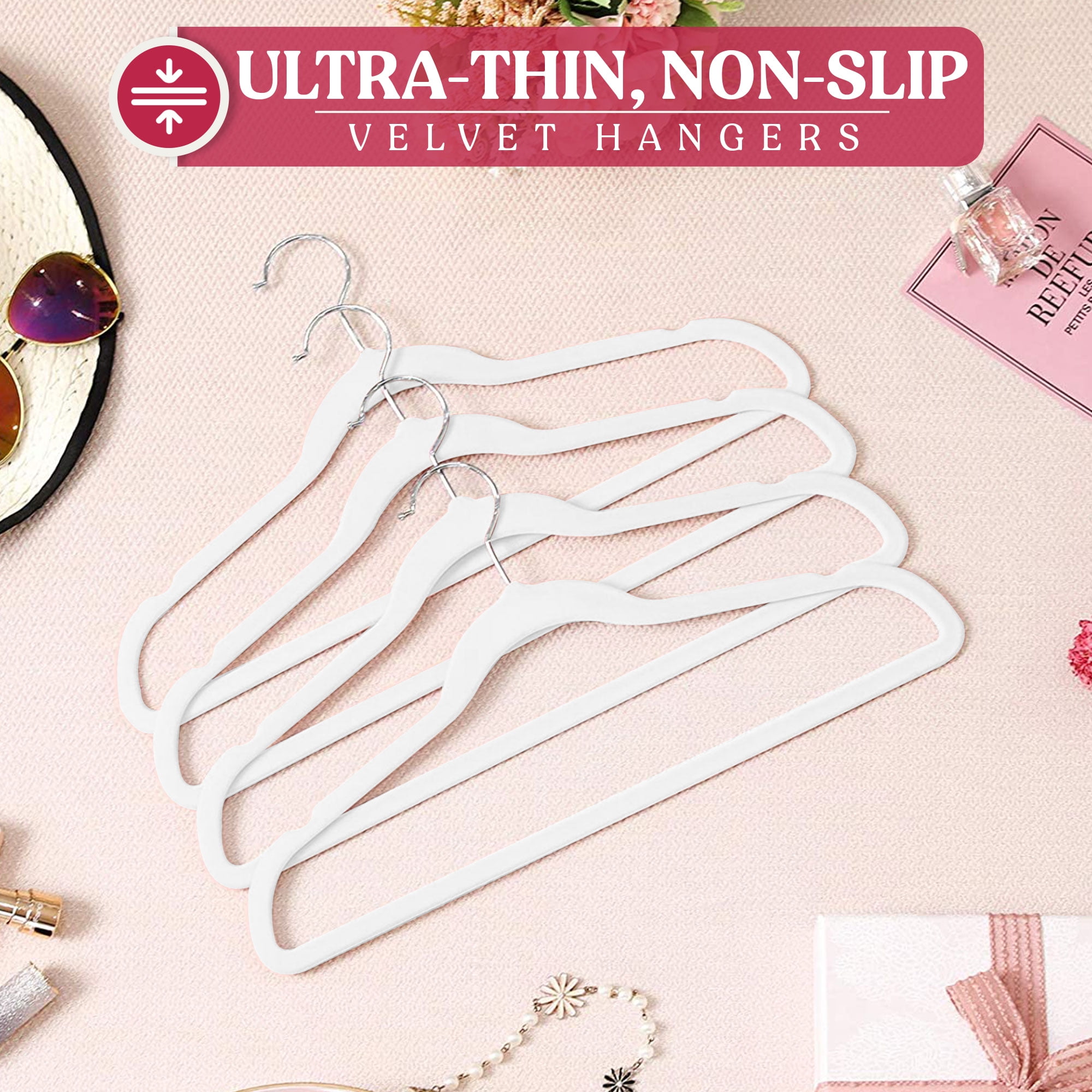 Lux Decor Collection Velvet Hanger 50 Pack - Clothing Hangers Non Slip, Heavy Duty Hanger 360 Degree Rotatable Hook - White