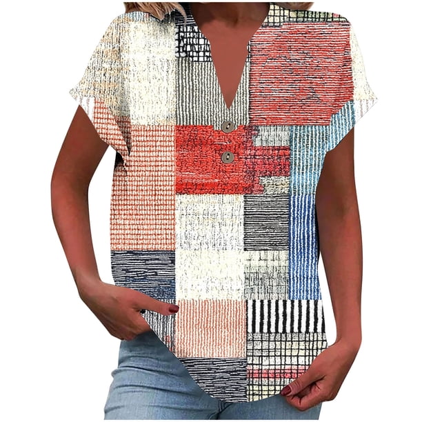 Vestidos Casuales Para Mujer, Blusas De Mujer De Moda Camiseta informal de manga corta con cuello en V y botones para mujer