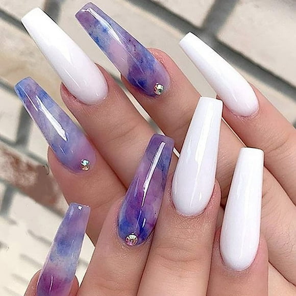 Glossy Coffin Press on Nails Long Ballerina Diamond Fake Nails Purple Ombre False Nails with Designs Full Cover Glue on Nails for Women